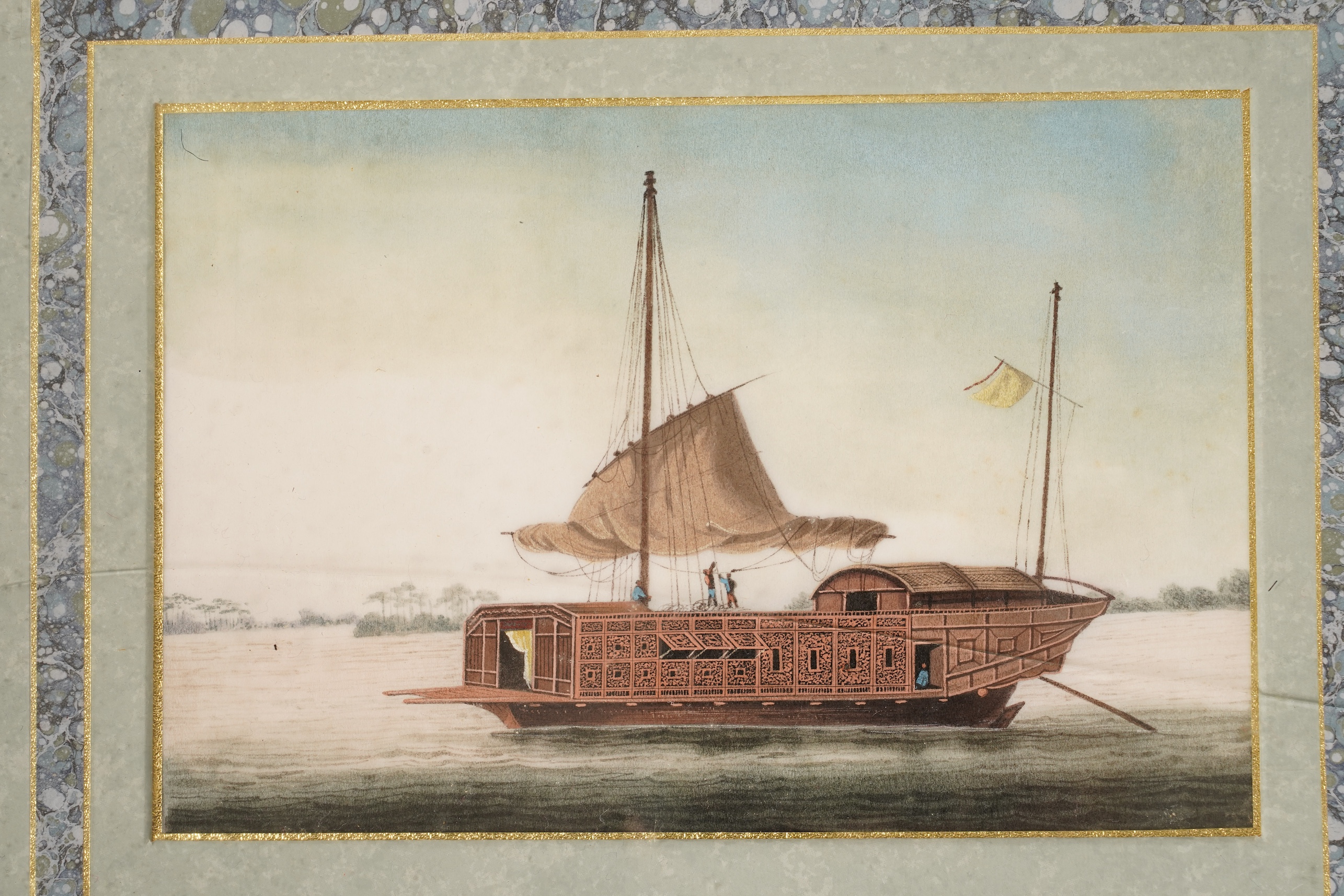Chinese School , (Mid 19th century), Chinese junk boats in landscapes, Watercolour on pith paper, Image 15cm x 22.5cm
